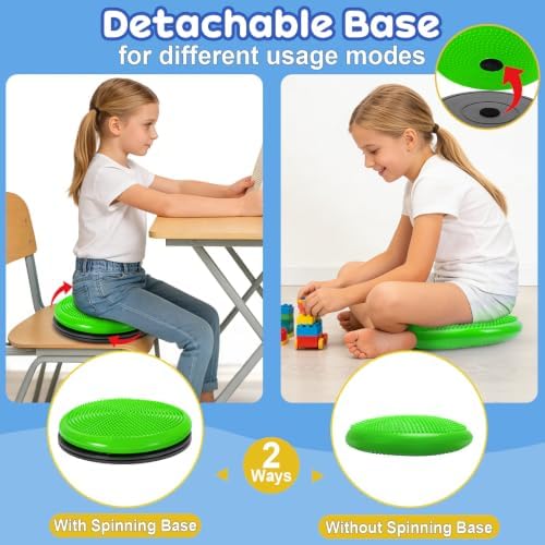 Wobble Cushion, Fimeetoy 360°Spinning Wiggle Seat, ADHD Sensory Chair,Flexible Seating in Classroom & Home,ADHD Tools for Kids,2-in-1 Detachable Balance Pad,Fidget for Focus-Green