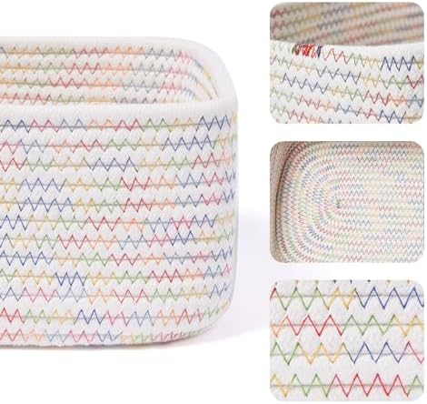 MiniArk Small Storage Baskets for Organizing | Closet Organizer Bins | Shelf Toy Basket | Woven Rope Baskets | Cube Decorative Box | Shallow Basket | 11.5x7.5x4.7” | 3 Packs Rainbow