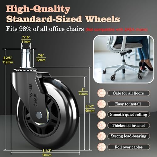 Office Chair Wheels Replacement,3" Chair Casters 7/16" Stem,Universal fit for Most Rolling/Gaming Chairs,Floor Protection for Carpet/Hardwood/Tile,Smooth&Quiet Rolling,Set of 5