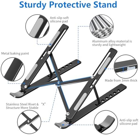 Laptop Stand for Desk, Aluminum Metal MacBook Stand, Computer Riser for Desk, Portable Foldable Adjustable Notebook Holder, Compatible with 10-15.6 Inch Laptops, iPad, Black.