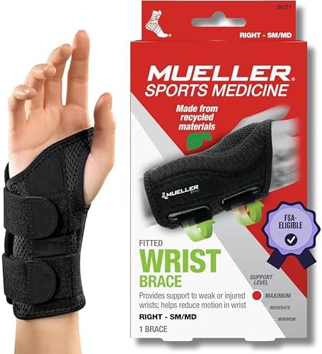 MUELLER Sports Medicine Green Fitted Wrist Brace for Men and Women, Wrist Pain Relief Support, Ideal for Carpal Tunnel, Tendonitis, Arthritis, Right Hand, Black, Small/Medium