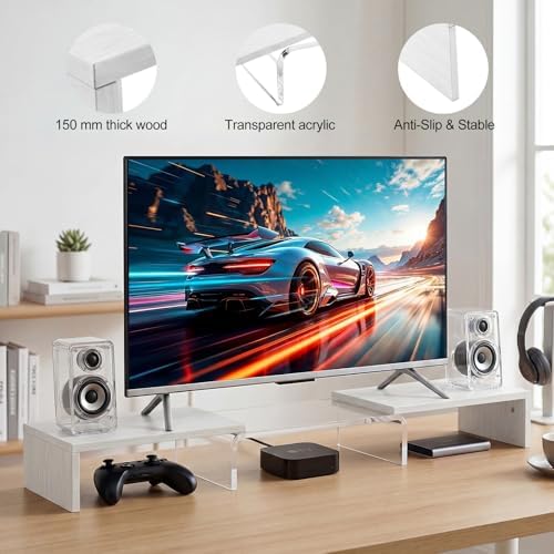 Dual Monitor Riser, Acrylic Monitor Riser, Adjustable Angle & Length Computer Monitor Stand, Wide Desk Shelf for Top of Desk for Home Office_White Maple Look Small