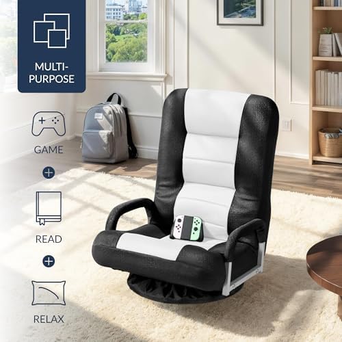 Best Choice Products Swivel Gaming Chair 360 Degree Multipurpose Floor Chair Rocker for TV, Reading, Playing Video Games w/Lumbar Support, Armrest Handles, Adjustable Foldable Backrest - Black/White