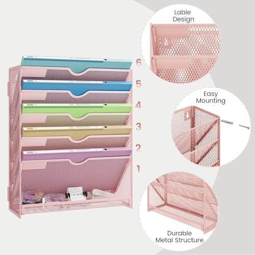 Pink Desk Organizer, Hanging Wall File Organizer with 6 Tiers