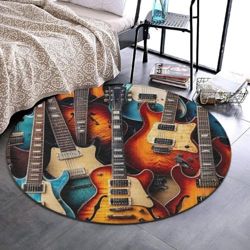Soft Round Yoga Carpet, Large Home Decor Mat, Non Slip Machine Washable Kitchen Office Circle Rug Music Guitars