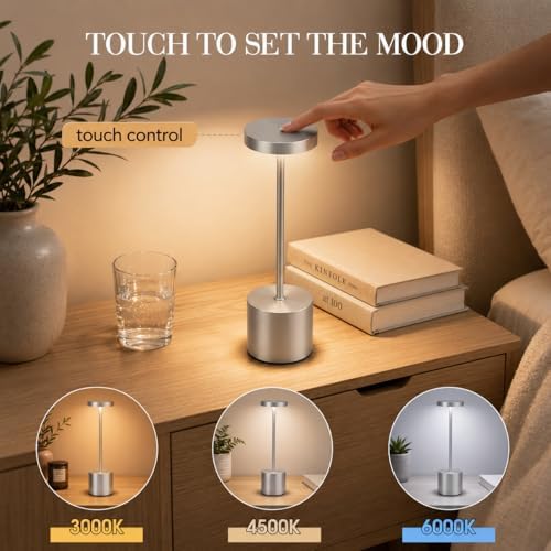 AUDLES Silver Rechargeable Table Lamps 2 Pack, Cordless Battery Operated LED Desk Lamp with Touch Control, 3 Color Temperatures, Dimmable Portable Lamps for Bedroom, Dining Room, Patio, Restaurant