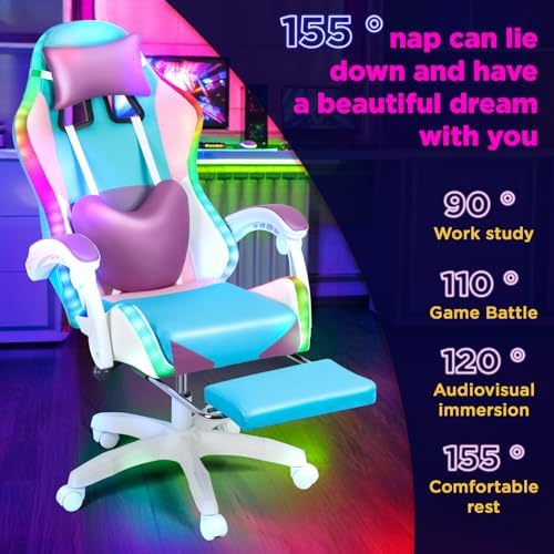 Gaming Chair with Lights, Ergonomic High-Back Office Chair with 360° Swivel & Adjustable Recline, Racing Style Faux Leather Computer Chair for Game Room, Home & Office