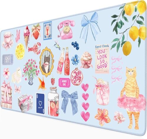 Cute Blue Desk Mat Kawaii Cat Mouse Pad Retro Vintage Large XXL Mousepad Computer Keyboard Laptop Mouse Mat Aesthetic Floral Office Desk Decor for Women Girl