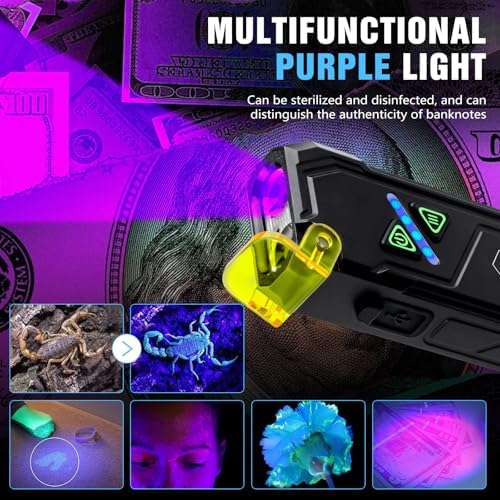 EDC Rechargeable Flat Flashlight 1000 Lumens White LED/UV/RGB Ambient Signaling Flashlights, Magnetic Clip on Pocket Light for Outdoors, Emergency, Working (1, Black, Compact)