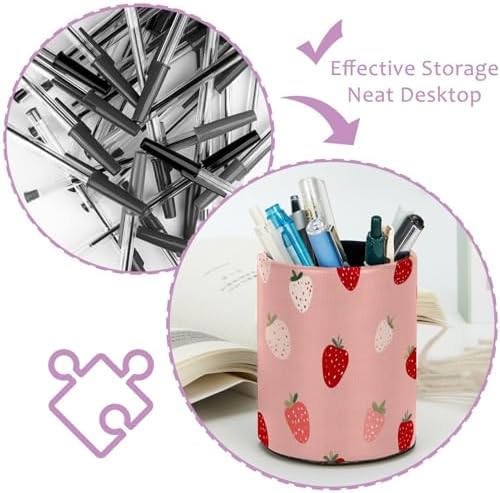 Leather Pen Holder for Desk, Cute Strawberries Print Pencil Cup Pen Organizer Makeup Brush Holder for Office Home Kids Countertop Desk Accessory Storage
