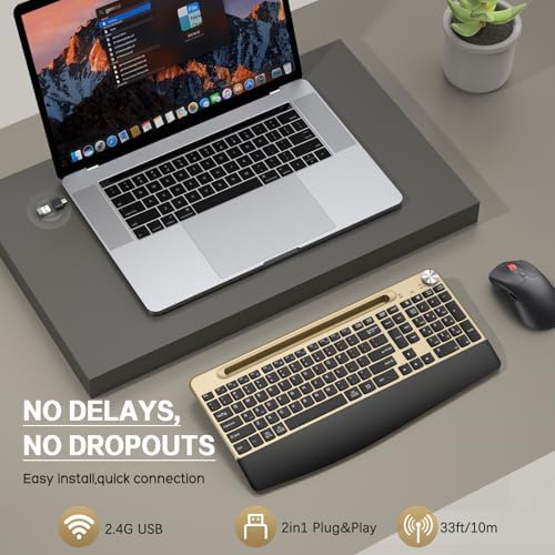 GAMCATZ Ergonomic Wireless Keyboard and Mouse with Wrist Rest，Phone Holder - 2.4GHz Full-Sized Low-Profile Quiet Gold Wireless Mouse and Keyboard Combo for Computer, Laptop, PC, Mac-Gold