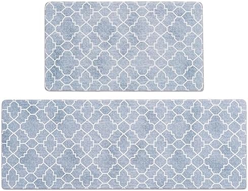 FRESHMINT Kitchen Mat Set of 2, Anti-Fatigue Cushioned Kitchen Mats for Floor, Waterproof Non Slip Comfort Standing Mat, Boho Kitchen Rug for Kitchen Decor, Sink, Office, 17"x30"+17"x47", Lake Blue
