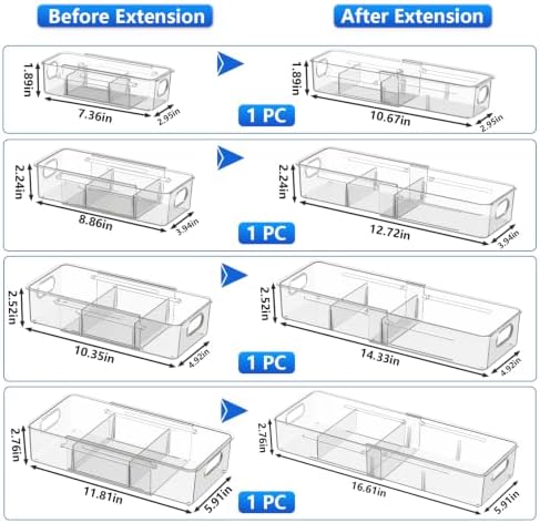 4 Pcs Expandable Drawer Organizer, Adjustable Desk Drawer Organizer with Dividers, 4-Sizes Plastic Storage Bins for Makeup, Kitchen, Bathroom Vanity, Office & Gadgets Drawer