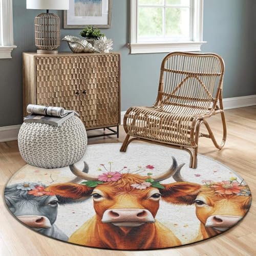 Fashion Round Area Rug Large Non Slip Carpet, Cute Highland Cow Family Unisex Home Decor Mat