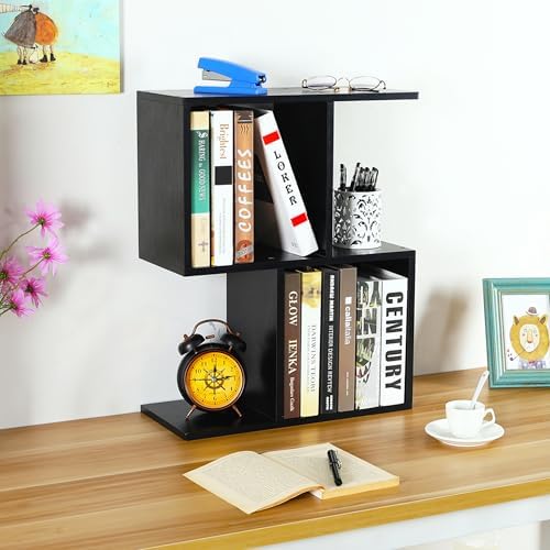 TQVAI 2-Tier Desktop Bookshelf, Freestanding Multipurpose Wood Desk Top Organizer for Books, Office Supplies, Plants, Photo Frames, Small Open Storage Shelves for Office Home Dorm, Black