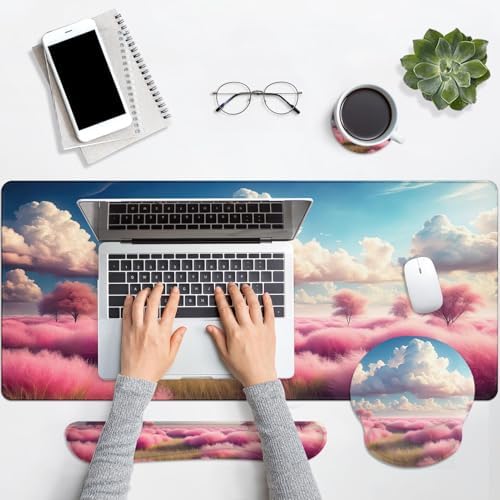 Britimes Keyboard Mouse Pad Set, 4 in 1 Desk Mat Set, Pink Clouds