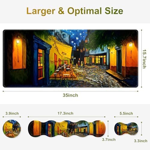Desk Mat Gaming Mouse Pad, Cute Desk Matt Keyboard Wrist Rest for Desktop, Anti-Slip Mousepad w/Stitched Edges, XXL Large Mouse Pad with Wrist Support for Desk Computer I Terrace of the Cafe