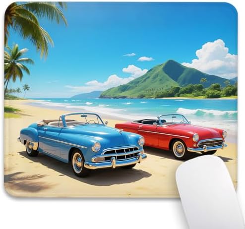 Classic Red & Blue Cars Mouse Pad, Tropical Hawaii Beach Scene Desk Mat