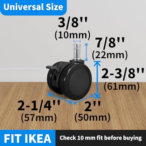 MySit 10x22mm Office Chair Caster with Brake for Hardwood Floors Set of 5