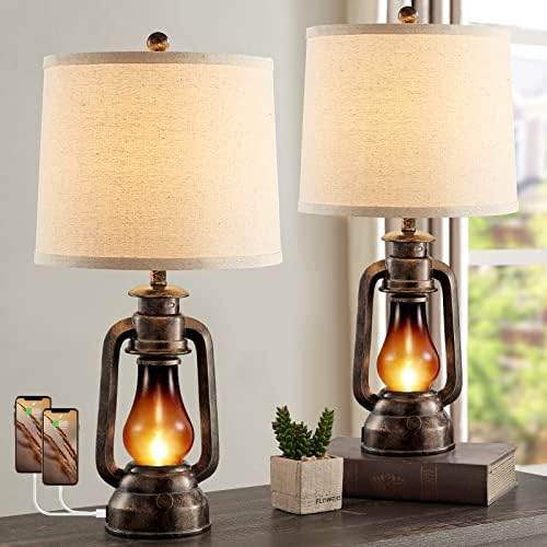 Farmhouse Lantern Table Lamps for Living Room Set of 2 with USB C+A