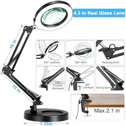 Coyeth 12X Magnifying Glass with Light and Stand, 5 Color Modes Stepless Dimmable 2-in-1 Lighted Magnifier with Clamp, LED Desk Lamp Hands Free for Crafts Hobby Reading Painting Sewing Close Work
