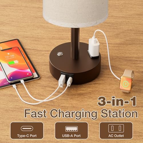 Brown Touch Bedside Lamp for Bedroom, Stepless Dimmable, USB A+C, AC Outlet
