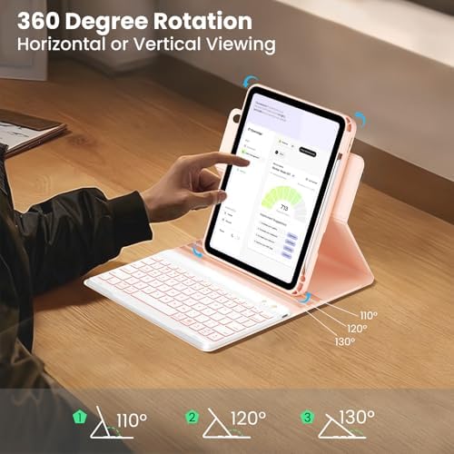 Keyboard Case for iPad 9.7 6th 2018/5th gen 2017/ Air 2-7 Color Backlit Detachable Wireless Keyboard - 360° Rotatable Magnetic Detachable Slim Folio Cover with Pencil Holder (Pink)