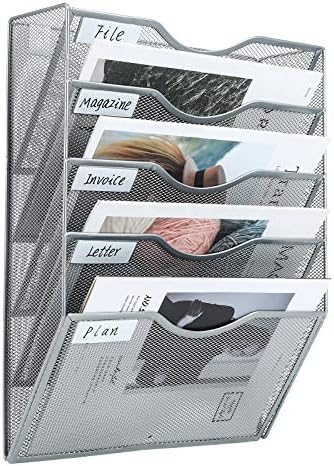 PAG-Mass Hanging Wall File Holder Mail Organizer Wall Mount Document Letter Rack, 5-Tier, Silver