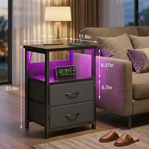 Fixwal Night Stand with Charging Station, Black Led Nightstand, 2 Drawers