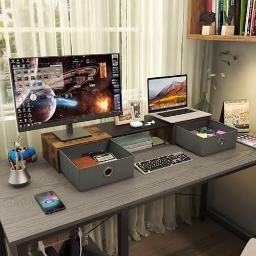 WESTREE Dual Monitor Stand Riser with Two Drawers, Extra Large Storage Monitor Stand for 2 Monitors, Desktop Organizer Stand Storage for Computer,Laptop,Screen,Printer,TV