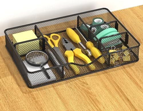 VyGrow Desk Drawer Organizer Tray, Metal Mesh Drawer Organizers Office, 6 Adjustable Compartment, Desk Organizer Tray for Home Office 12.87L x 8.73D x 1.96H inch, Black, 1PC Medium