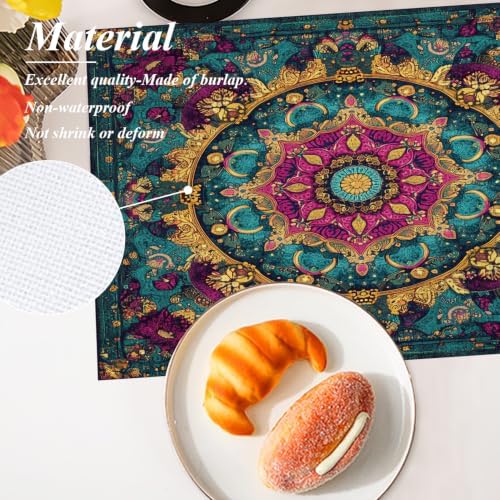 Shrahala Exotic Rich Color Placemats, Ornate Details Swirling Forms Table Mat Linen Burlap Washable Double-Deck Heat Insulation for Dining/Kitchen Table Set of 8 (12 X 18 Inch)