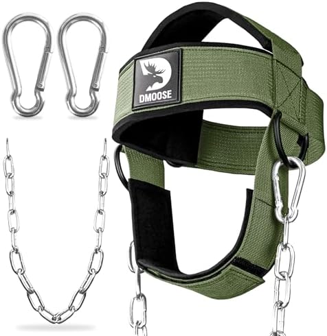 DMoose Fitness Neck Harness for Weight Lifting - Soft Padded Head & Chin Strap with 30" Heavy Duty Steel Chain - Neck Exerciser, Trainer & Strengthener to Support Injury Recovery and Intense Workouts