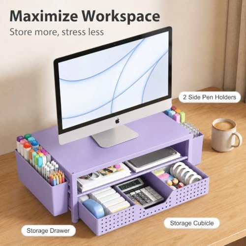 ECOLOVI Desk Organizer and Accessories, 2-Tier Computer Monitor Stand Rise with Storage Drawer & 2 Pen Holders, Laptop & Printer Stand for Desktop, Workspace Organizers for Office Supplies (Purple)