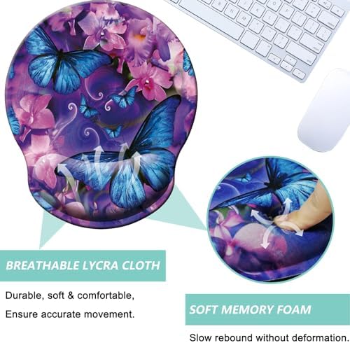 Mouse Pad with Wrist Support, Ergonomic Mouse Pad with Memory Foam Wrist Rest Cushion, Non-Slip Rubber Base Gaming Mice Pad for Home Office Computer Laptop, Butterfly Flowers