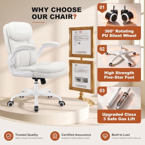 Leather Office Chair, White Computer Desk Chair with Dual Back Support