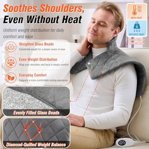 3 lb Weighted Heating Pad for Neck and Shoulders and Back, Thanksgiving Gifts for Women, Birthday Gifts for Men Her, Neck Heating Pad with 9 Heat Options 4 Auto-Off Timer, Grey