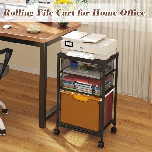 Sbanmao Rolling File Cart with 3 Drawers, Filing Cabinet, Hanging Folder Holder Organizer with Wheels, Under Desk Storage Utility Cart, File Cabinet Printer Stand for Home Office, Black