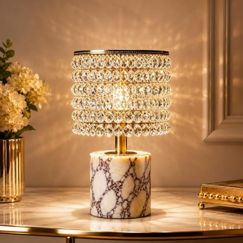 Morlok Marble Lamp with Natural Calacatta Viola Marble Base, K9 Crystal Shade & Gold Metal Frame, 4000mAh Rechargeable Lamp, 12–48H Battery Life, 3-Level Dimming 3000K Warm LED Home Decor Gift