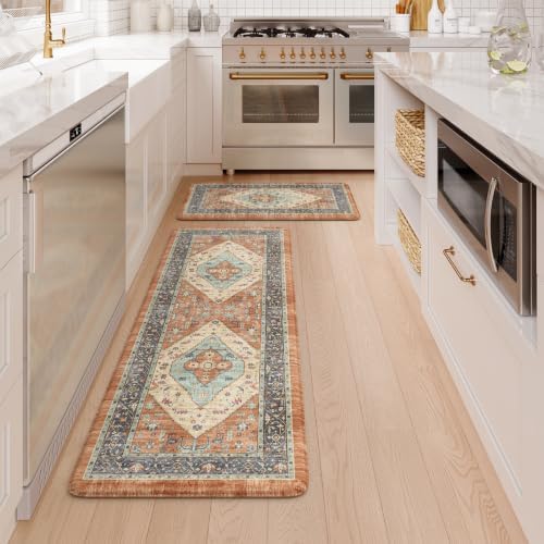 KIMODE Anti Fatigue Kitchen Mat, Boho Distressed Kitchen Rugs Fall Orange