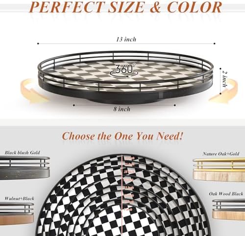 AMH 13-Inch Black and White Checkerboard Lazy Susan with Oak Wood Base