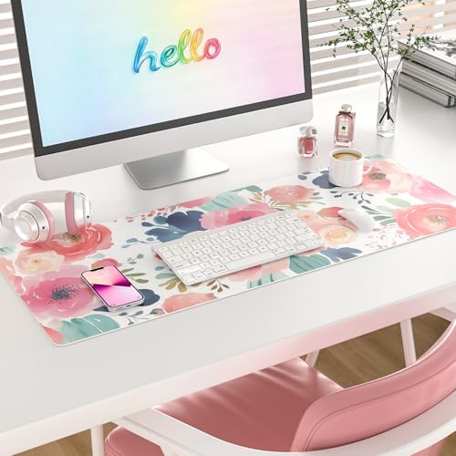 Faux Leather Large Mouse Pad, Office Desk Mat, 31.5"x11.8", Pink Floral