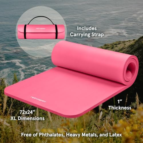 Retrospec Solana Yoga Mat 1" Thick w/Nylon Strap for Men & Women - Non Slip Exercise Mat for Home Yoga, Pilates, Stretching, Floor & Fitness Workouts