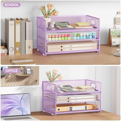 Subekyu 3 Tier Letter Tray Paper Organizer with Handle and 1 PC Sliding Tray, Purple Metal Mesh Desk File Folder Paper Sorter Organizer for Home Office School Desk Supplies Organization Storage