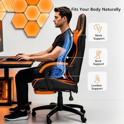 Big and Tall Gaming Chair with Footrest, Ergonomic Computer Desk Chair with Lumbar Support & Headrest, High Back PU Leather Gaming Office Chair, Reclining Swivel Task Chair for Office or Gaming