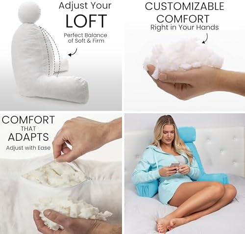 Husband Pillow Medium Reading Pillow with Arms - 23" Backrest for Sitting Up in Bed - Firm Support Bed Rest Pillow for Adults, Neck Roll, Removable Cover - TV, Reading, Lounging - Carolina Blue