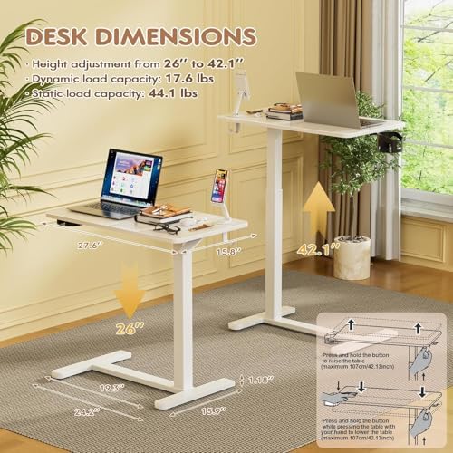 Furmax Mobile Standing Desk with Wheels, Pneumatic Adjustable Rolling Computer Desk Laptop Table for Bed, Couch (White-1,Small)