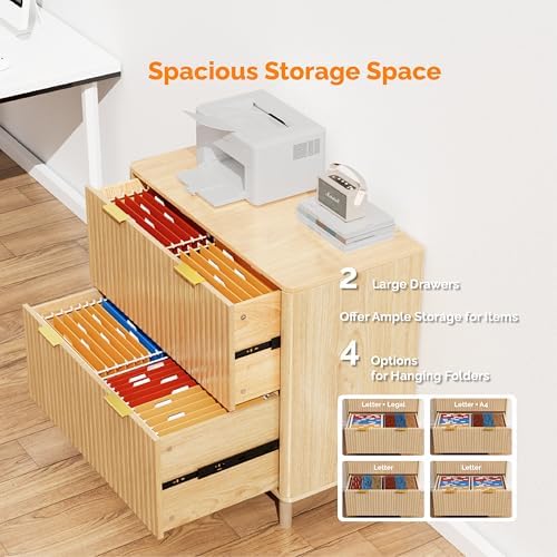 VINGLI Fluted 2 Drawer Lateral File Cabinet, Home Office Filing Cabinet for Letter Legal A4 Size File Folder Storage, Wood Lateral Filing Cabinet, Printer Stand, Archivador