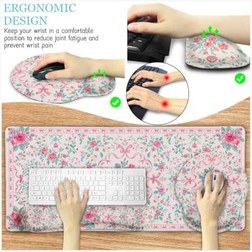 LIMKRIAN Pink Floral Desk Mat, Ergonomic Mouse Pad Set with Wrist Rest
