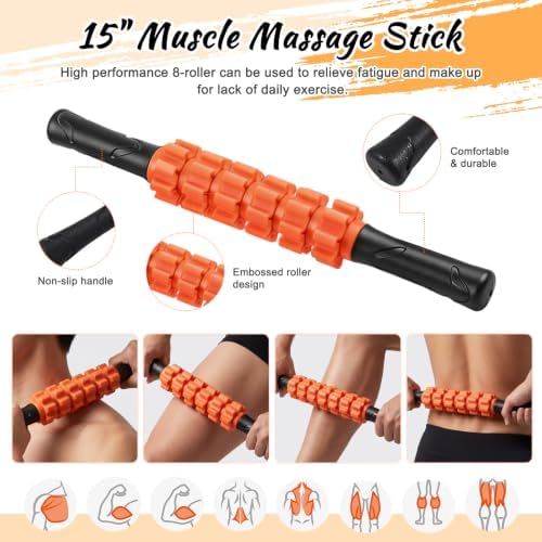 Aucuu 6 in 1 Foam Roller Set Includes Hollow Core Massage Roller, Yoga Stick, Massage Ball, Fitness Stretching Strap, Carrying Bag, Towel, Massage Roller (Orange)